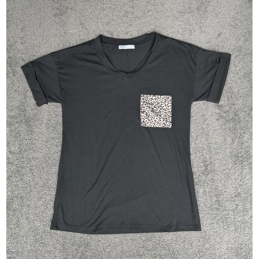 MIHOLL Womens Black V Neck T Shirt Leopard Print Pocket Cuffed Sleeve Size S